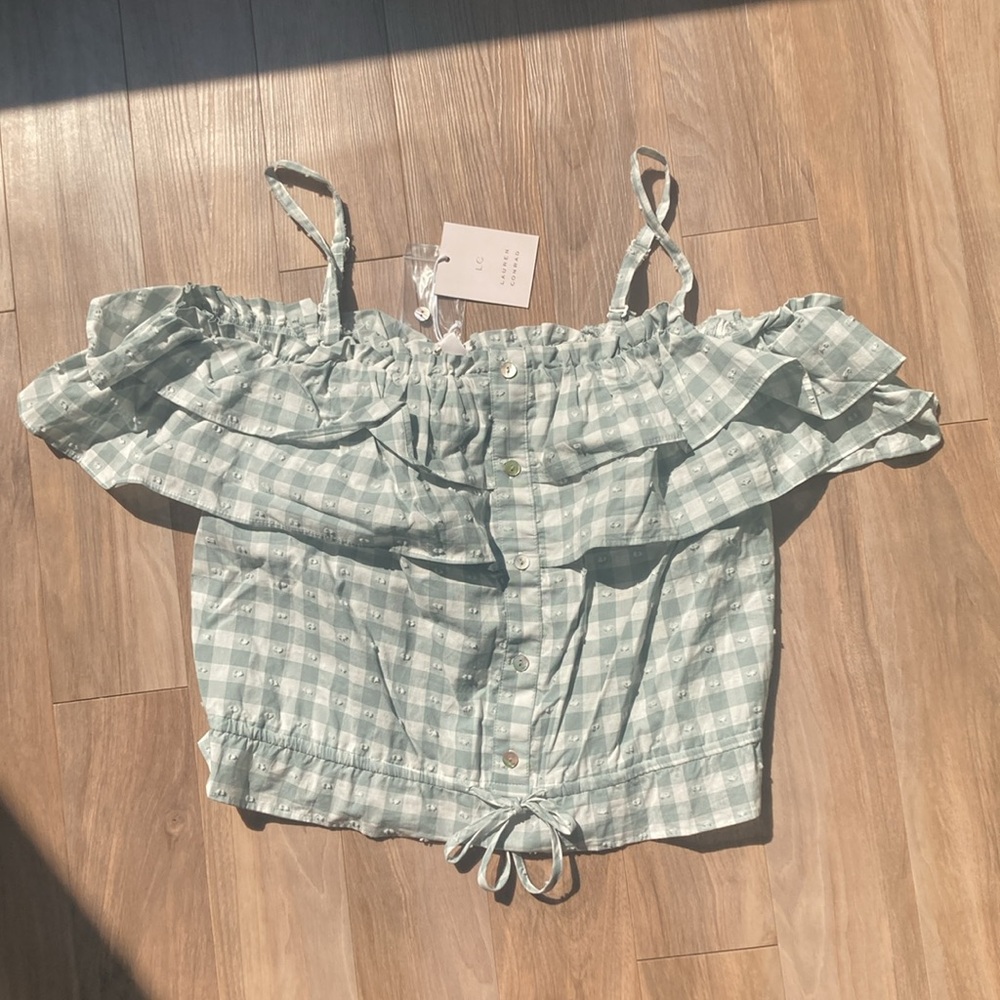 LC Lauren Conrad off the shoulder textured check w ruffle top L - Picture 4 of 16